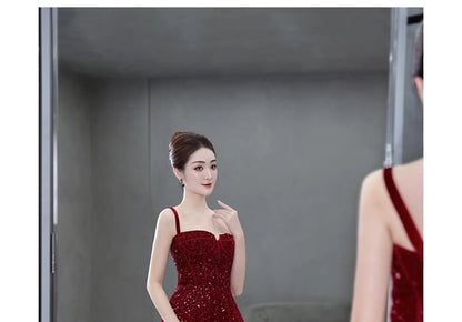 Strap Mesh Evening A-Line Sequin Spaghetti Gown Plain