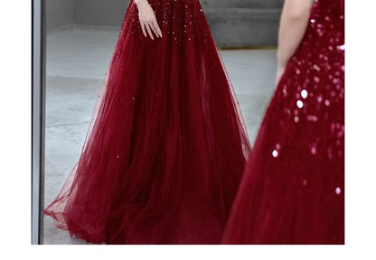 Strap Mesh Evening A-Line Sequin Spaghetti Gown Plain