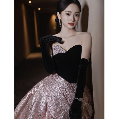 Tube Velvet A-Line Panel Ruched Gown Evening