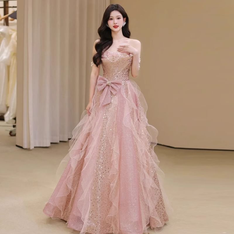 Sequin Bow Ruffle Mesh A-Line Tube Evening Gown