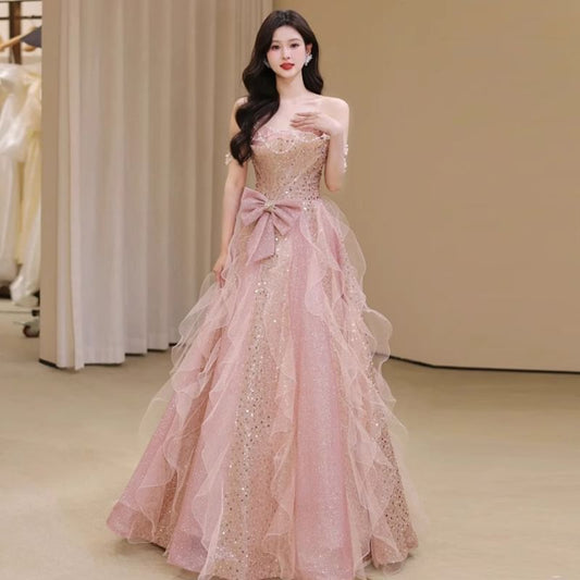 Sequin Bow Ruffle Mesh A-Line Tube Evening Gown