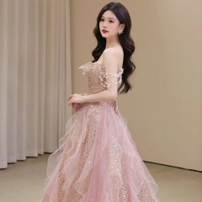 Sequin Bow Ruffle Mesh A-Line Tube Evening Gown
