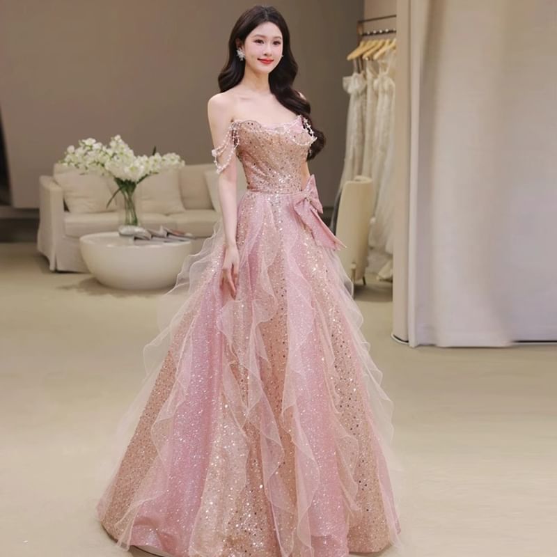 Sequin Bow Ruffle Mesh A-Line Tube Evening Gown