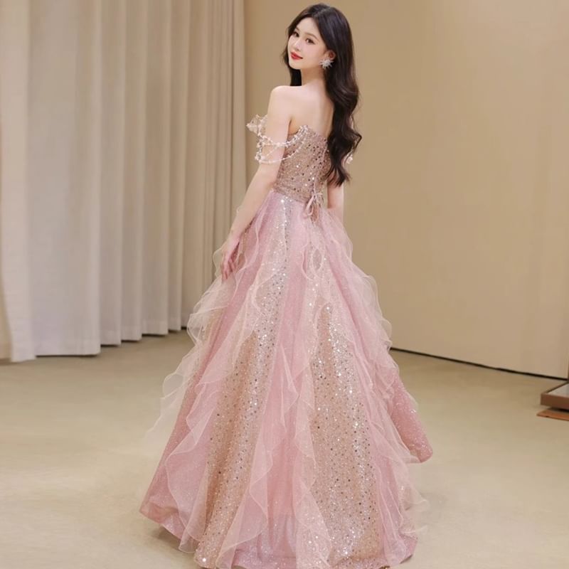 Sequin Bow Ruffle Mesh A-Line Tube Evening Gown