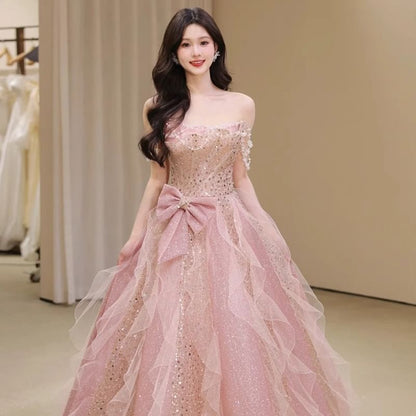 Sequin Bow Ruffle Mesh A-Line Tube Evening Gown