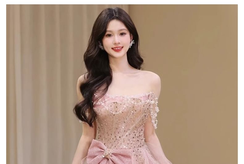Sequin Bow Ruffle Mesh A-Line Tube Evening Gown