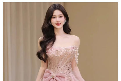 Sequin Bow Ruffle Mesh A-Line Tube Evening Gown
