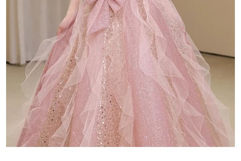 Sequin Bow Ruffle Mesh A-Line Tube Evening Gown
