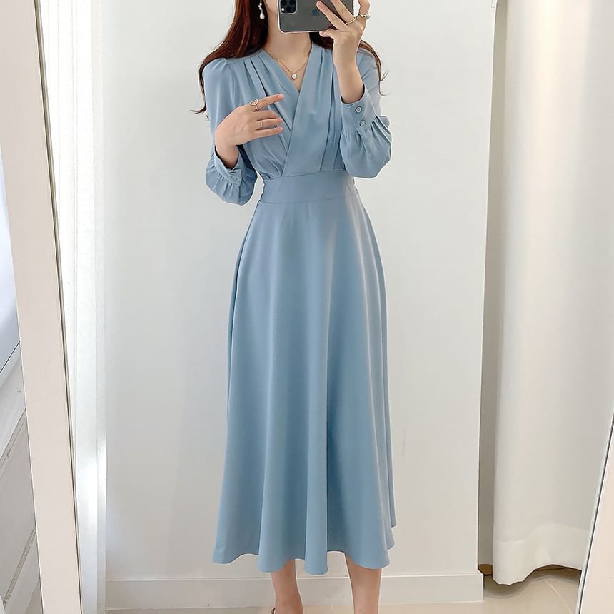 Long-Sleeve V-Neck Plain Midi A-Line Dress