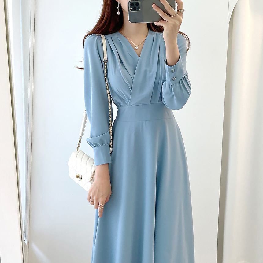 Long-Sleeve V-Neck Plain Midi A-Line Dress