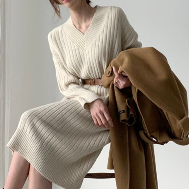 Long-Sleeve V-Neck Plain Ribbed Midi Sweater Dress