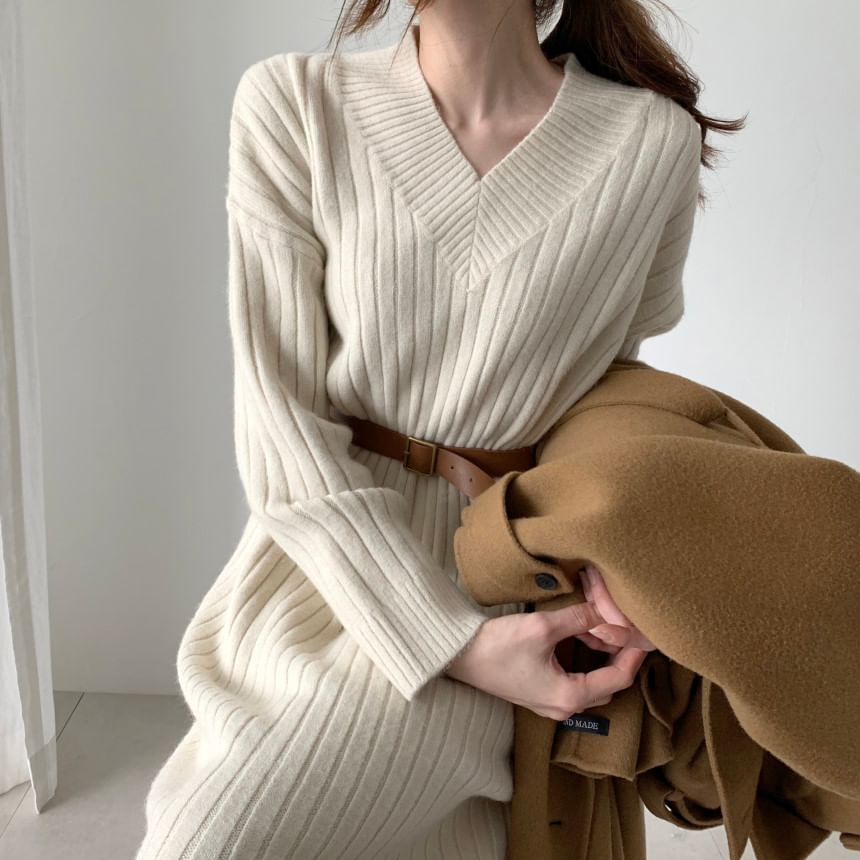 Long-Sleeve V-Neck Plain Ribbed Midi Sweater Dress