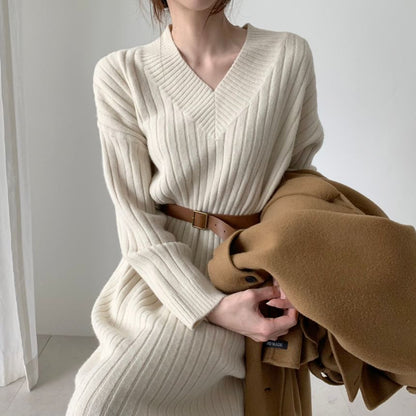 Long-Sleeve V-Neck Plain Ribbed Midi Sweater Dress