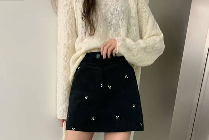 High Waist Flower Embroidered Mini Straight Skirt