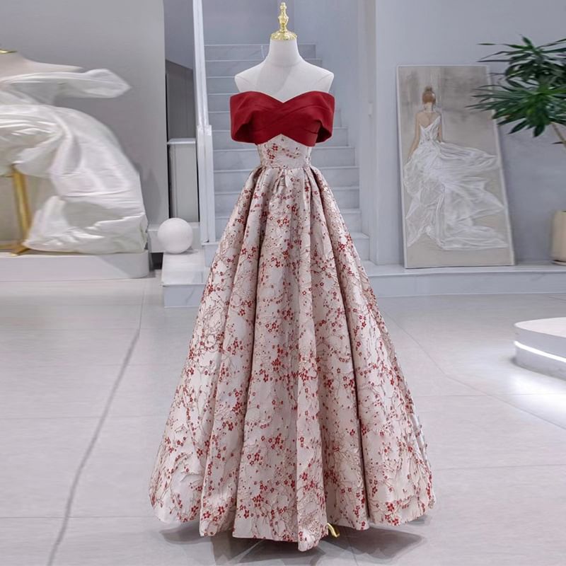 Jacquard Gown Off-Shoulder Evening A-Line Cross Floral Criss