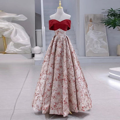 Off-Shoulder Floral Jacquard Criss Cross A-Line Evening Gown