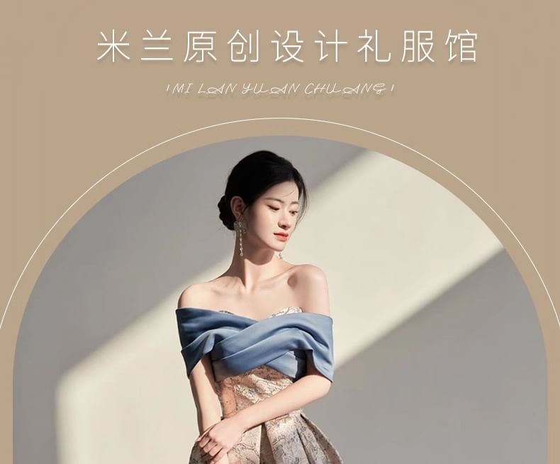 Jacquard Gown Off-Shoulder Evening A-Line Cross Floral Criss