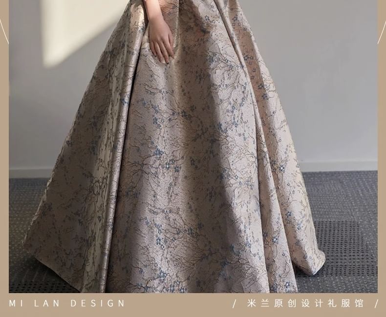 Off-Shoulder Floral Jacquard Criss Cross A-Line Evening Gown
