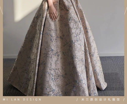 Off-Shoulder Floral Jacquard Criss Cross A-Line Evening Gown