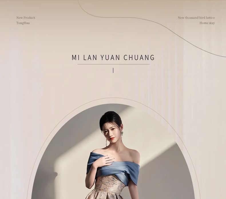 Off-Shoulder Floral Jacquard Criss Cross A-Line Evening Gown