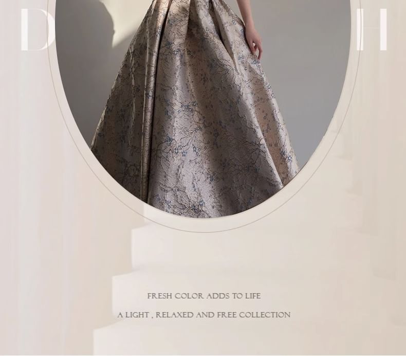 Off-Shoulder Floral Jacquard Criss Cross A-Line Evening Gown