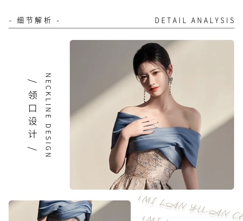 Off-Shoulder Floral Jacquard Criss Cross A-Line Evening Gown