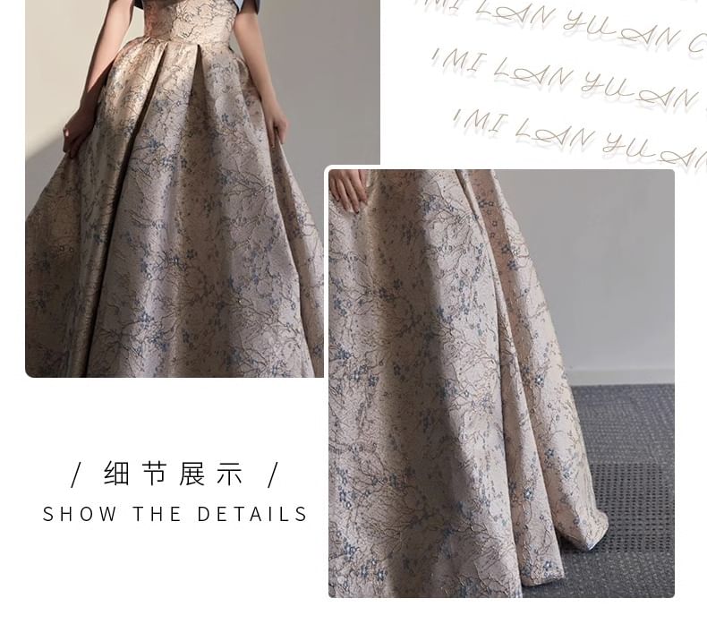 Off-Shoulder Floral Jacquard Criss Cross A-Line Evening Gown