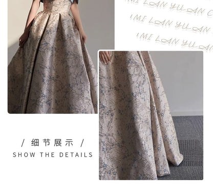 Off-Shoulder Floral Jacquard Criss Cross A-Line Evening Gown