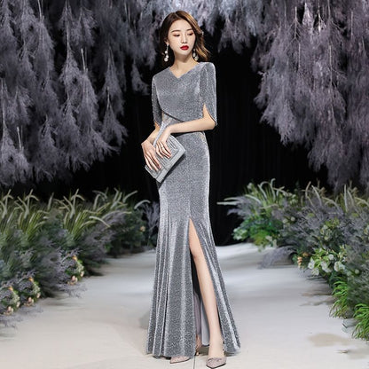 Elbow-Sleeve V-Neck Plain Glitter Fringed Slit Mermaid Evening Gown