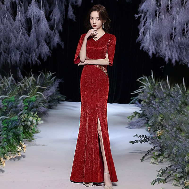 Elbow-Sleeve V-Neck Plain Glitter Fringed Slit Mermaid Evening Gown