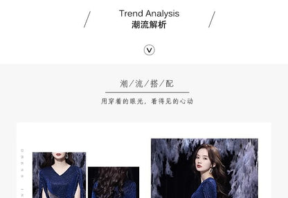 Evening Plain V-Neck Fringed Glitter Mermaid Elbow-Sleeve Gown Slit