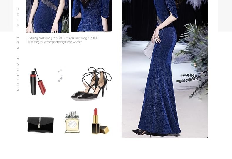 Elbow-Sleeve V-Neck Plain Glitter Fringed Slit Mermaid Evening Gown