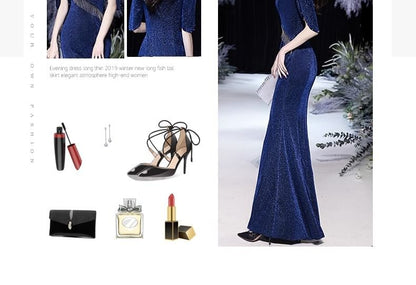 Elbow-Sleeve V-Neck Plain Glitter Fringed Slit Mermaid Evening Gown