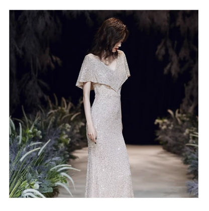 Short-Sleeve V-Neck Sequin Mermaid Evening Gown