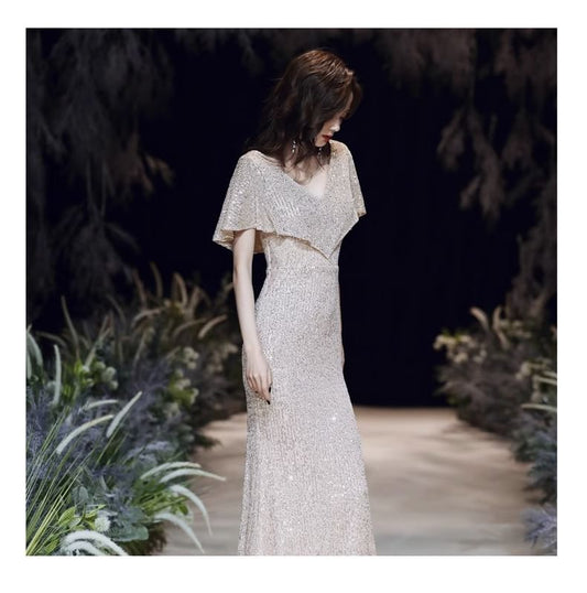 Short-Sleeve V-Neck Sequin Mermaid Evening Gown