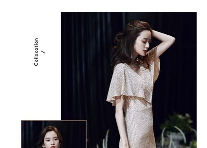 Short-Sleeve V-Neck Sequin Mermaid Evening Gown