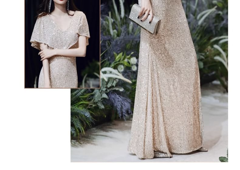 Short-Sleeve V-Neck Sequin Mermaid Evening Gown