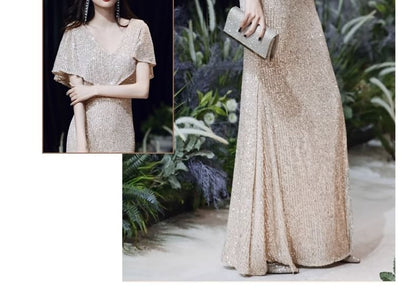 Short-Sleeve V-Neck Sequin Mermaid Evening Gown