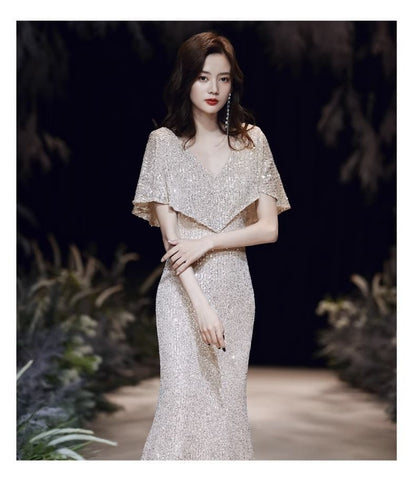 Short-Sleeve V-Neck Sequin Mermaid Evening Gown