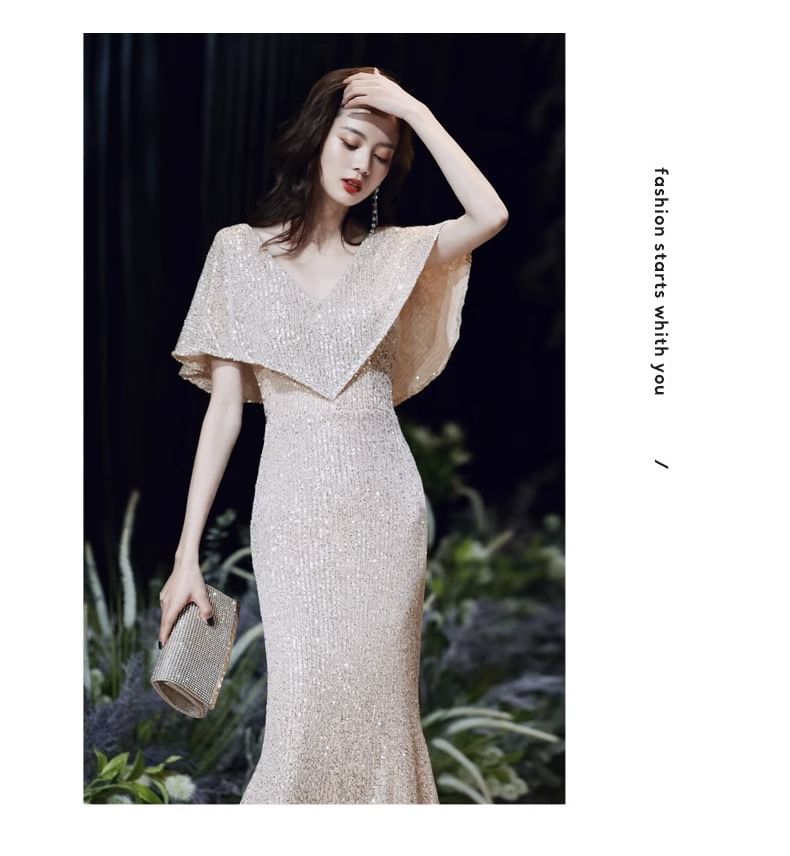 Short-Sleeve V-Neck Sequin Mermaid Evening Gown