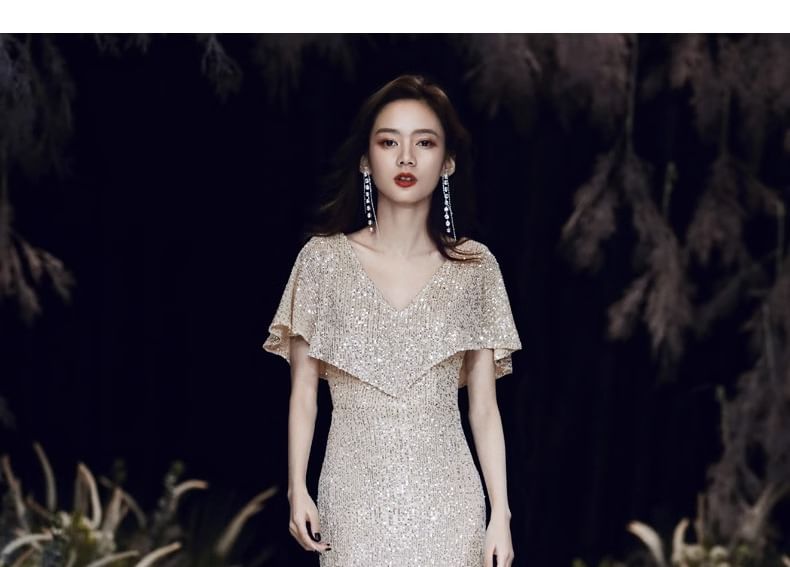 Short-Sleeve V-Neck Sequin Mermaid Evening Gown