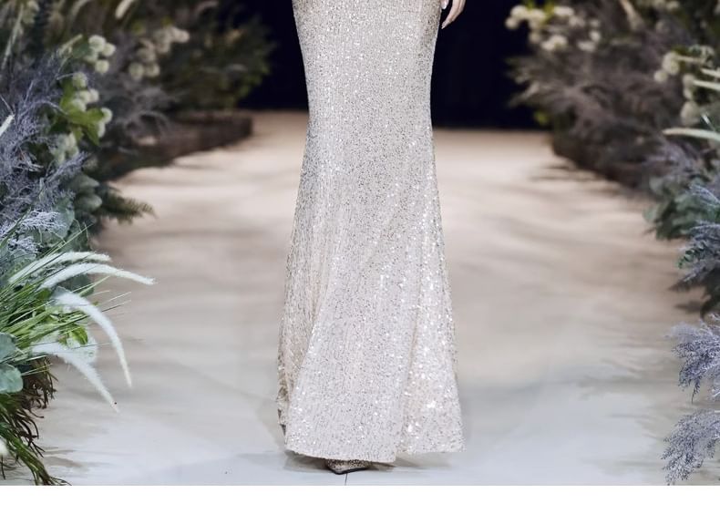 Short-Sleeve V-Neck Sequin Mermaid Evening Gown