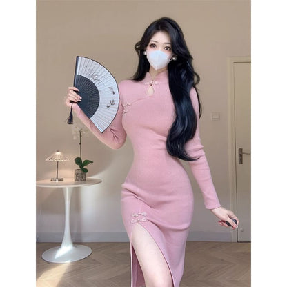 Long-Sleeve Stand Collar Plain Cutout Frog Buttoned Slit Midi Sheath Knit Qipao