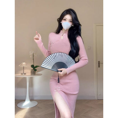 Long-Sleeve Stand Collar Plain Cutout Frog Buttoned Slit Midi Sheath Knit Qipao