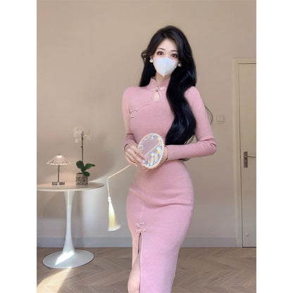 Long-Sleeve Stand Collar Plain Cutout Frog Buttoned Slit Midi Sheath Knit Qipao