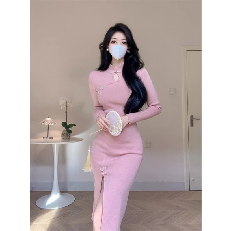 Long-Sleeve Stand Collar Plain Cutout Frog Buttoned Slit Midi Sheath Knit Qipao
