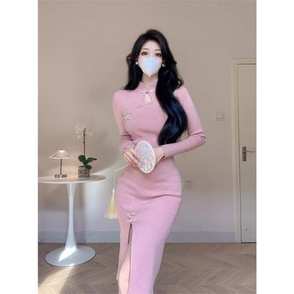 Long-Sleeve Stand Collar Plain Cutout Frog Buttoned Slit Midi Sheath Knit Qipao