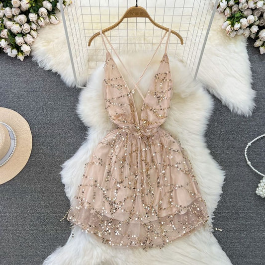 Spaghetti Strap V-Neck Sequin Open Back Mini Cocktail Dress