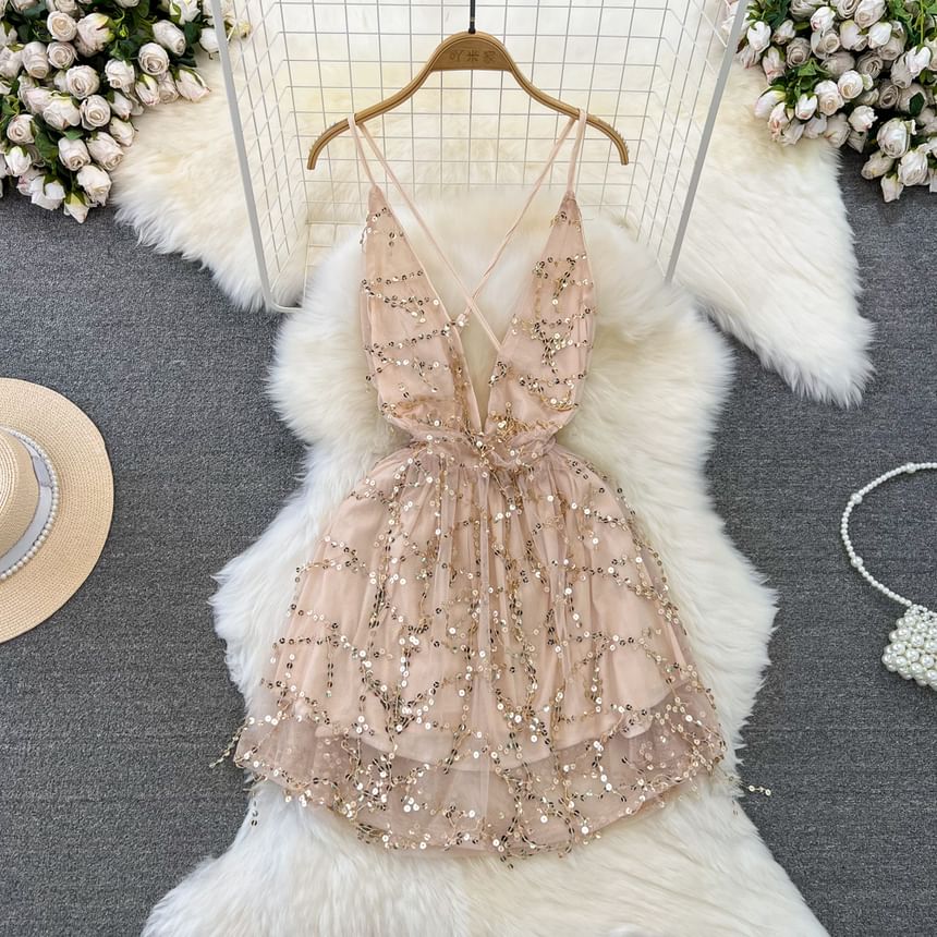 Spaghetti Strap V-Neck Sequin Open Back Mini Cocktail Dress