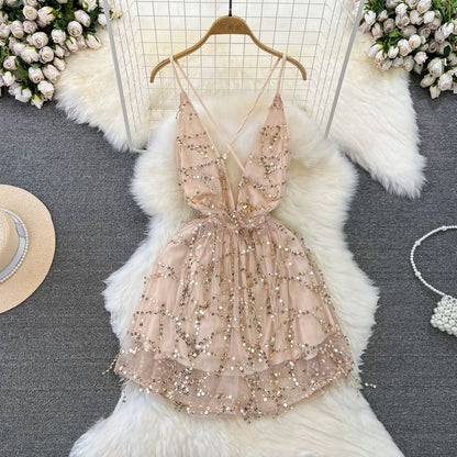 Spaghetti Strap V-Neck Sequin Open Back Mini Cocktail Dress